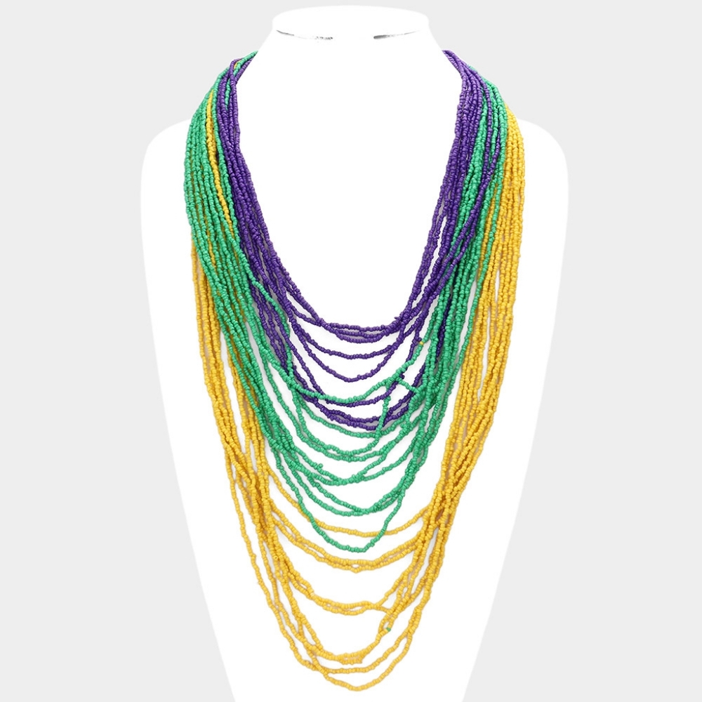 MultiLayered Purple Green Gold Seed Beaded Mardi Gras Necklace Fashion Accessory